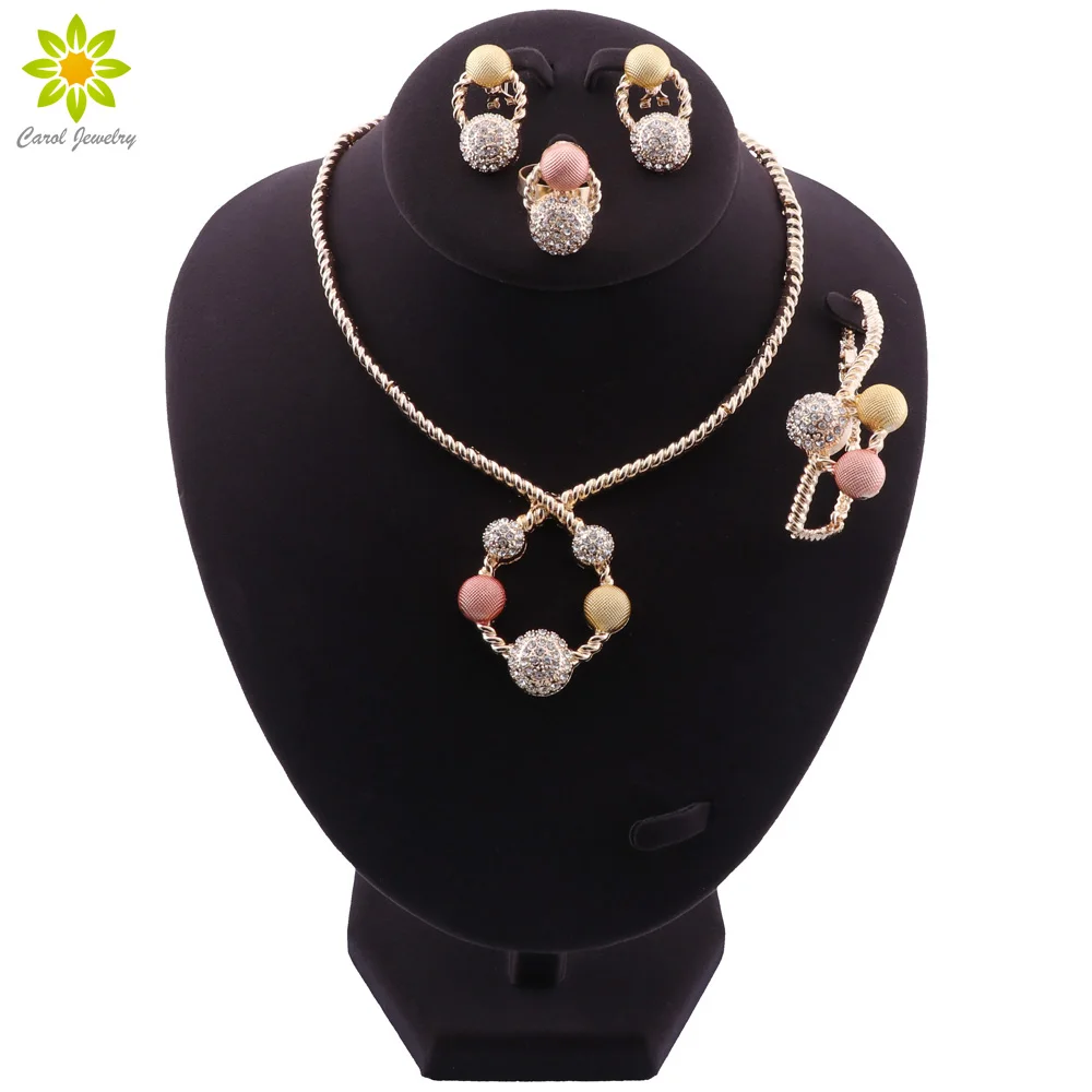 

Nigeria Charm Women Round Design Necklace Bracelet Earrings Ring Trend Crystal Jewelry Party Fashion Jewelry Set Girl Gift