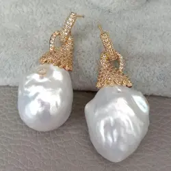 natural Freshwater White Keshi Pearl Gold color Plated Cubic Zirconia Pave Stud Earrings classic wedding for women gift