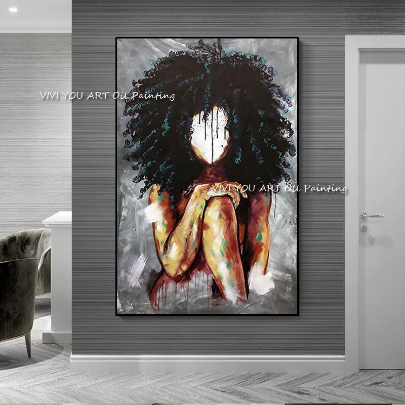 Hand-Painted Afro Woman Abstract Oil Painting, Palette Knife Black Female Portrait Canvas Wall Art