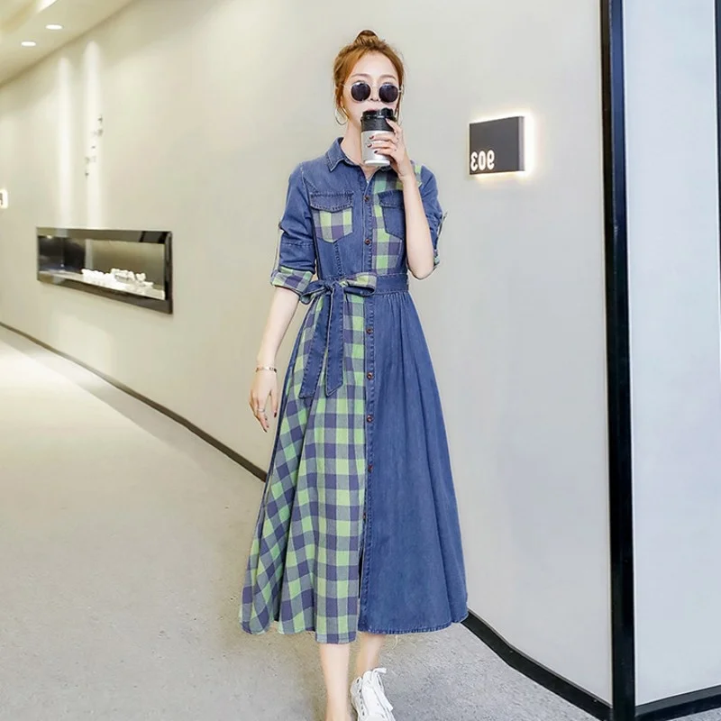 Dress Denim Womens 2022 Spring Autumn New Elegant Fashion Turn-Down Collar Spliced Long Sleeve Dress Female Korean Style