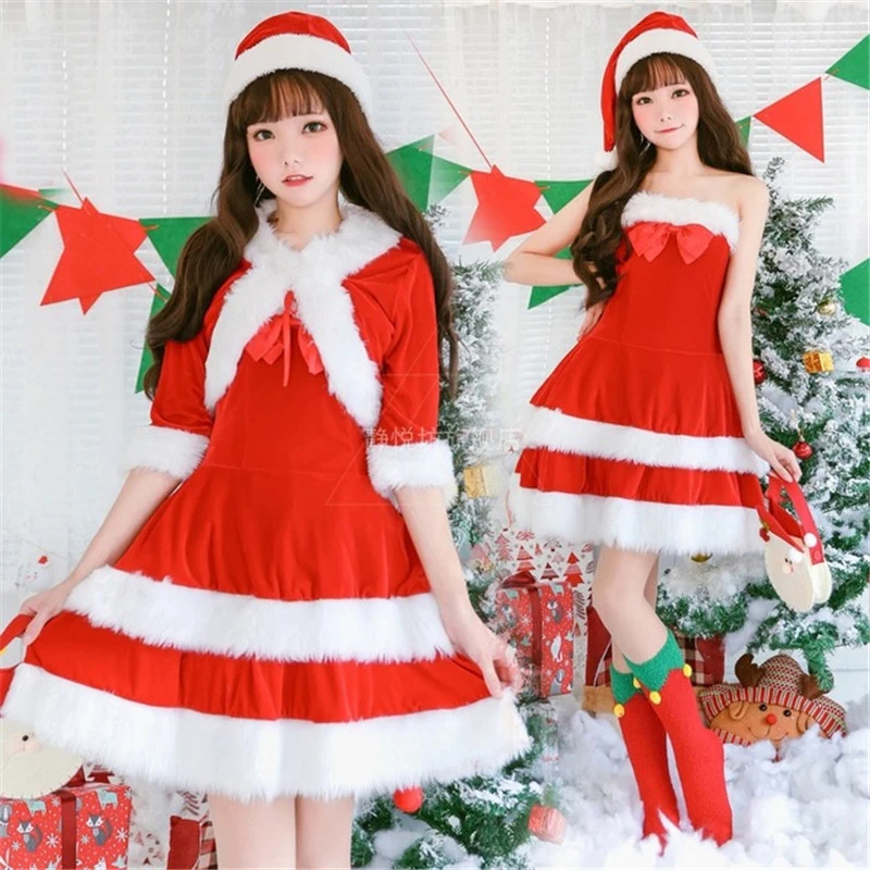 

Women Christmas Cosplay Costume Party Dress Adult Santa Claus Set COS Performance Staging Clothing Role Playing Dress With Hat