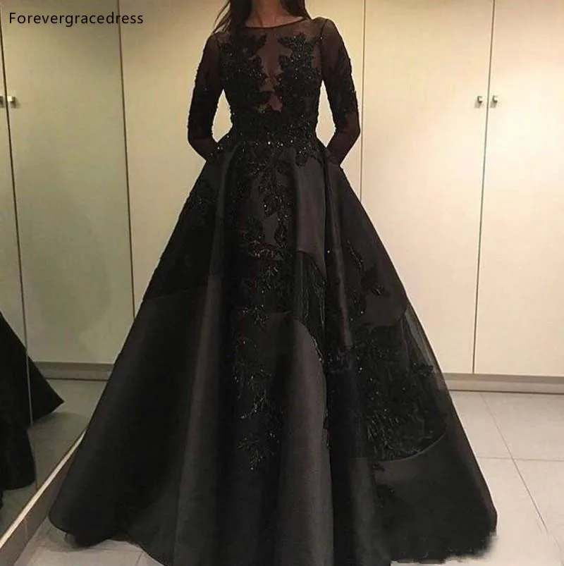 Black Colour A Line Evening Dresses Long Sleeves Lace Formal Party Gowns Girls Wear Vestidos de fiesta Plus Size Available