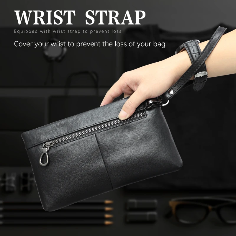 Handmade Men\'s Fashion Business Men\'s Clutch Bag Handbag Genuine Leather Clutch Black Large Capacity Envelope Bags