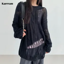 Karrram Gothic Ripped Sweater Punk Hollow Out Knitted Pullovers Loose Oversized Black Jumpers Female Hole Sweater Streetwear Emo