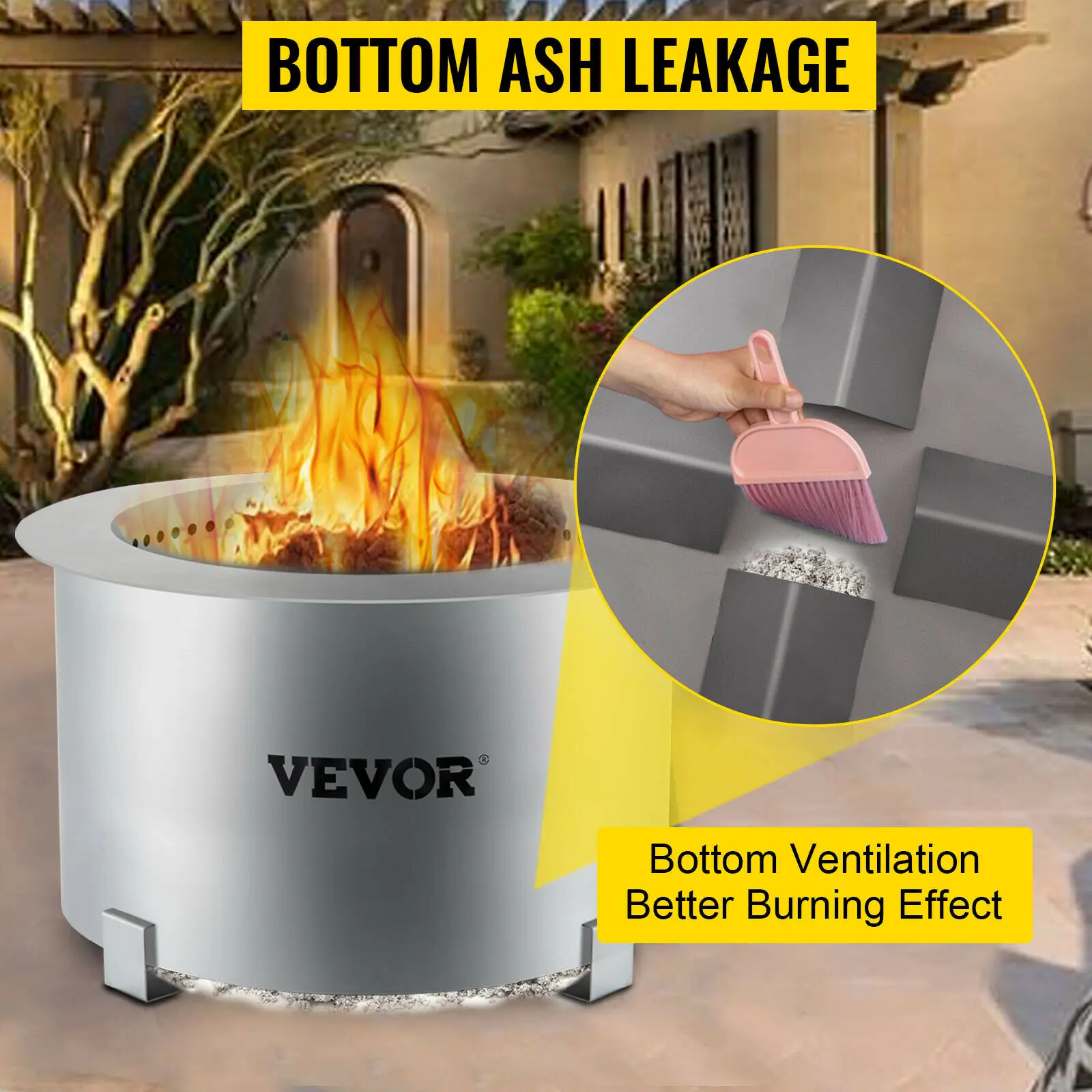 VEVOR Fire Bowl Pit Multi-Size/Type Stainless/Carbon Steel Double Wall Smokeless Wood Pellet Burning Spark with Stand Outdoors