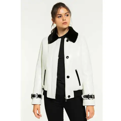 Denny&Dora New Womens White Shearling Jacket Turkey Fur Jacket College Outwear Slim Fashion Fur Coat Short Leather Jacket