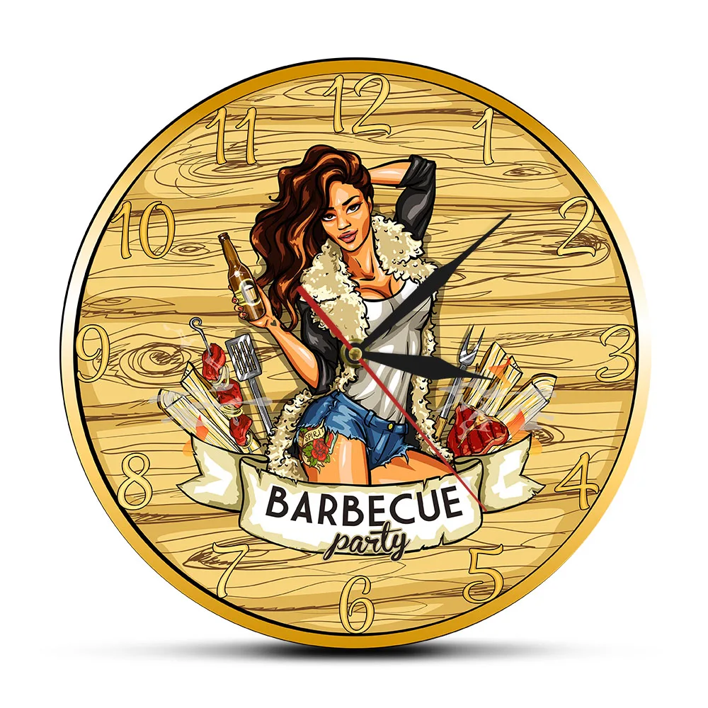 Barbecue Party Wall Sign Modern Wall Clock Cow Girl Holding Beer Grill BBQ Grill Home Bar Silent Wall Clock Grill Master Gift