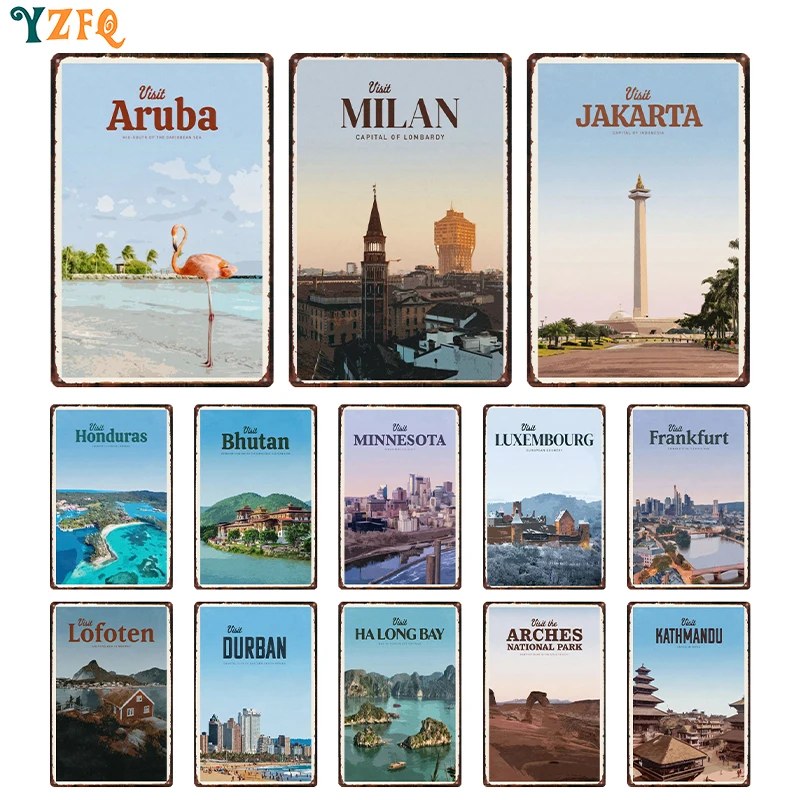 Travel Posters City MILAN PARIS DALLAS LAOS Tin Sign Vintage Metal Board Decoration Living Room Bar Cafe Garage Gift DU-12752B