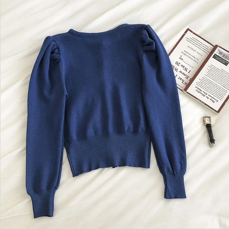 Cardigan da donna stile francese retrò monopetto o-collo manica a sbuffo design elegante vita definita maglioni chic Ulzzang lavorati a maglia