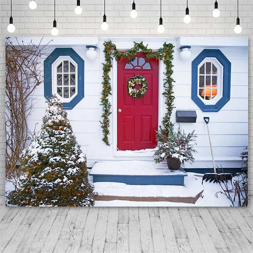 Avezano Backdrops Merry Christmas Tree Winter Snowflake Red Door Decor Banners Photographic Background Photo Studio Photozone