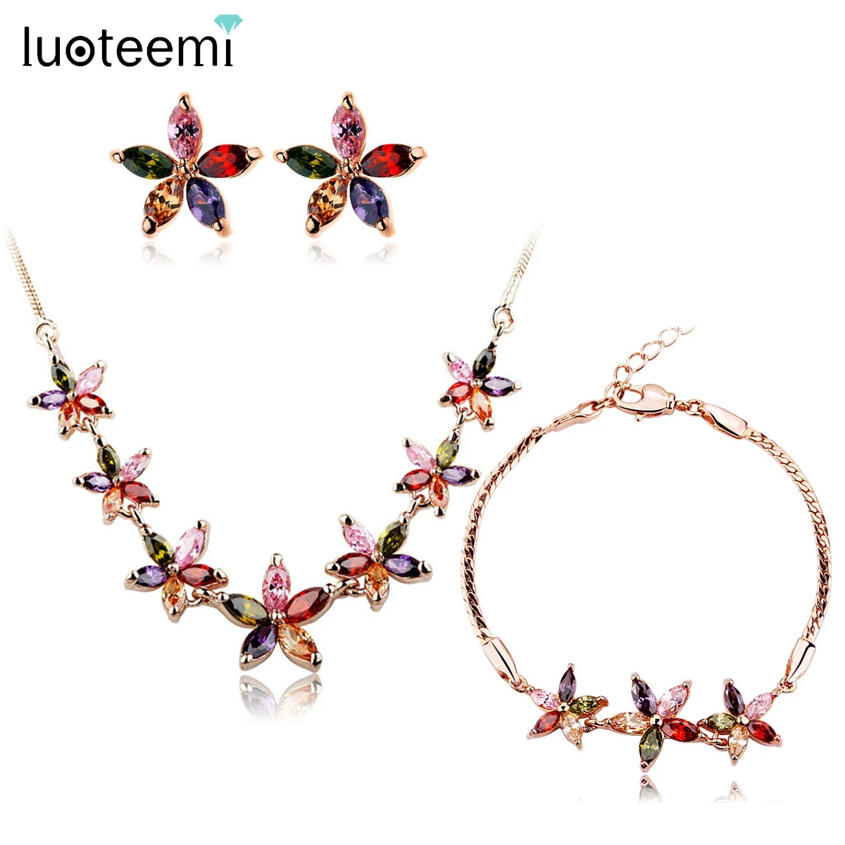 LUOTEEMI Rose Gold Color Cute Small Flowers Jewelry Sets for Women Fashion Earring Necklace Bracelet Bridal Wedding Accessories