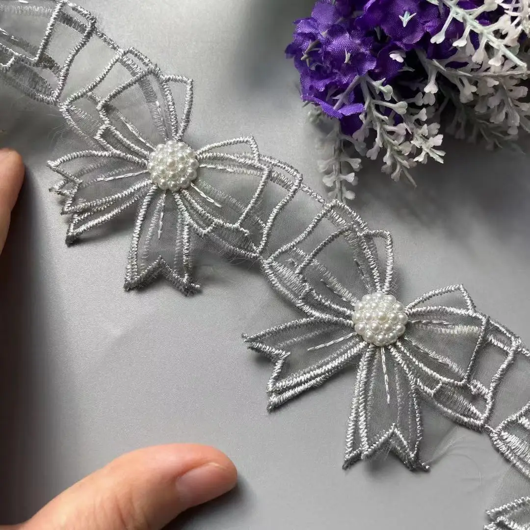 20X Gray Bowknot 5.5cm Pearl 3D Flower Tassel Lace  Trim Ribbon Fabric Embroidered Applique Sewing Craft Wedding Dress Clothes