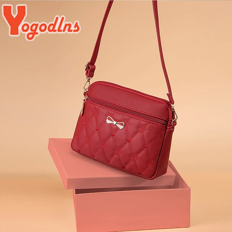 Yogodlns Fashion Bow Shoulder Bag For Women PU Leather Crossbody Bag Heart Embroidery Messenger Bag Multifunction Handbag Pouch