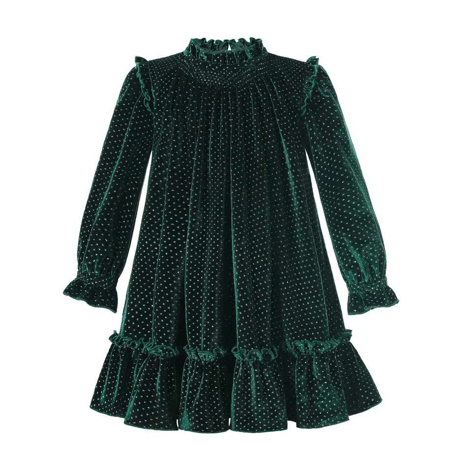 

Pettigirl Luxury Winter Kids Girls Green Velvet Diamond Christmas Long Sleeve Dresses Designer Clothing for Little Girls