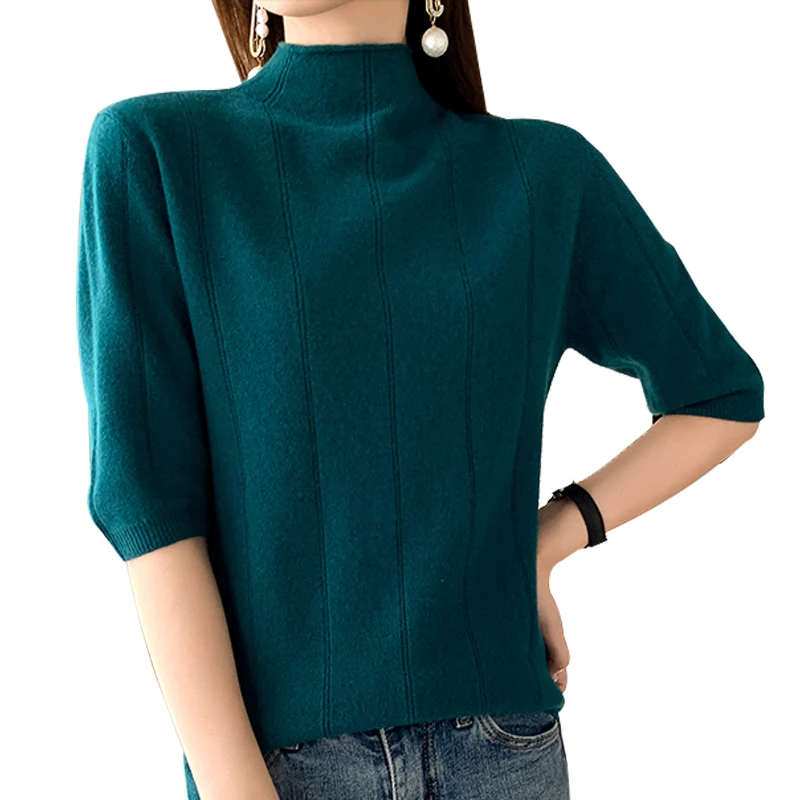 100% Pure Wool Half-sleeved Sweater Autumn Spring New Fashion Women Half High Neck Pullover Casual Knitted Tops Women Sweater