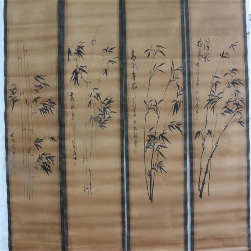 Chinese Old Scroll  Four Screen Paintings, Middle Hall Hanging Painting, Zheng Banqiao Bamboo