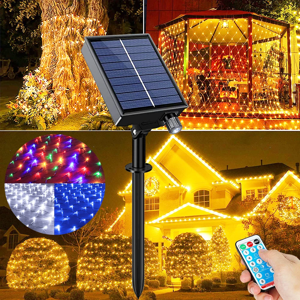 Solar 1.5x1.5M/ 3x2M LED Net Lights Waterproof Timer Dimmable LED Mesh String Light Christmas for Garden Patio Flashing Lights