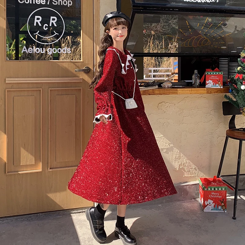 Japanese-Style Retro Sweet Doll Collar Red Christmas Long Sleeve Dress Women Mid-Length Autumn and Winter sweet lolita dress