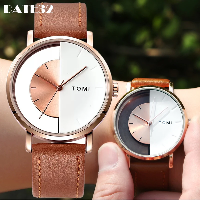 Relojes de cuarzo para hombre y mujer, reloj de pulsera de cuero con diseño creativo y medio transparente, diseño de moda único, Unisex, venta al por mayor