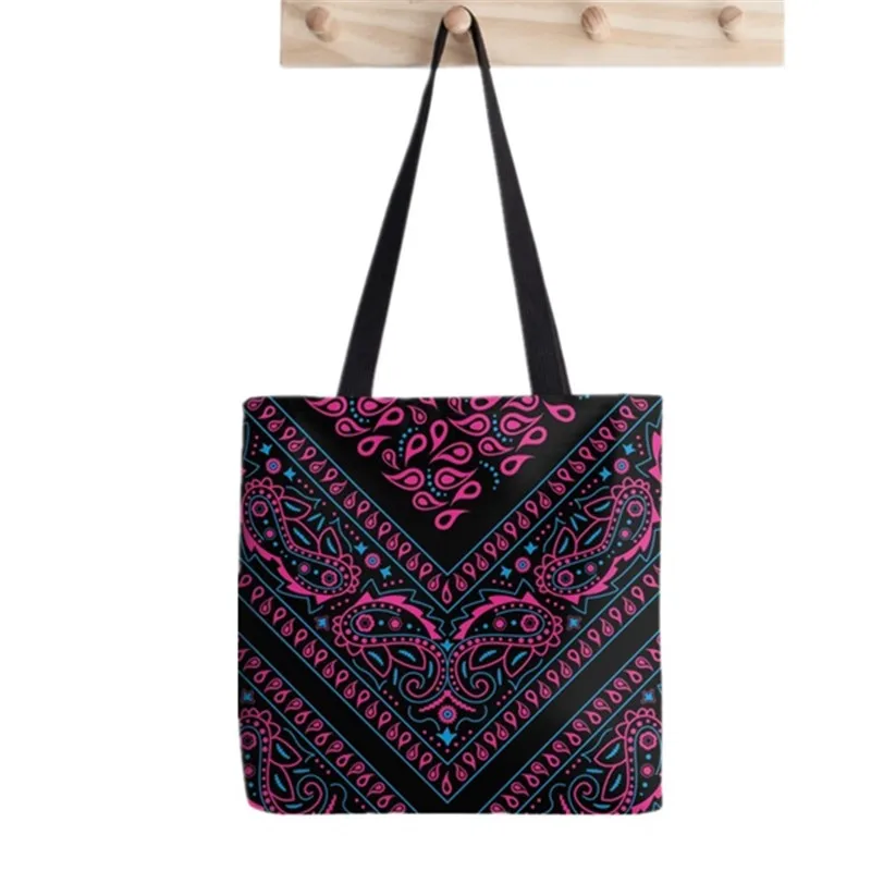 2021 Shopper Bandana Black Flower Print Tote Bag women Harajuku shopper handbag girl Shoulder shopping bag Lady Canvas Bag