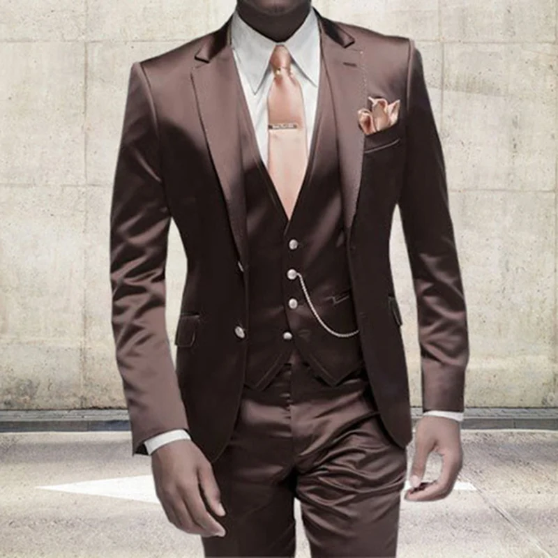 

2022 Brand Elegant Shiny Brown Men's Suit 3 Pieces Slim Fit Groomsmen Groom Wedding Tuxedo Colorful Blazer Waistcoat Pants Set