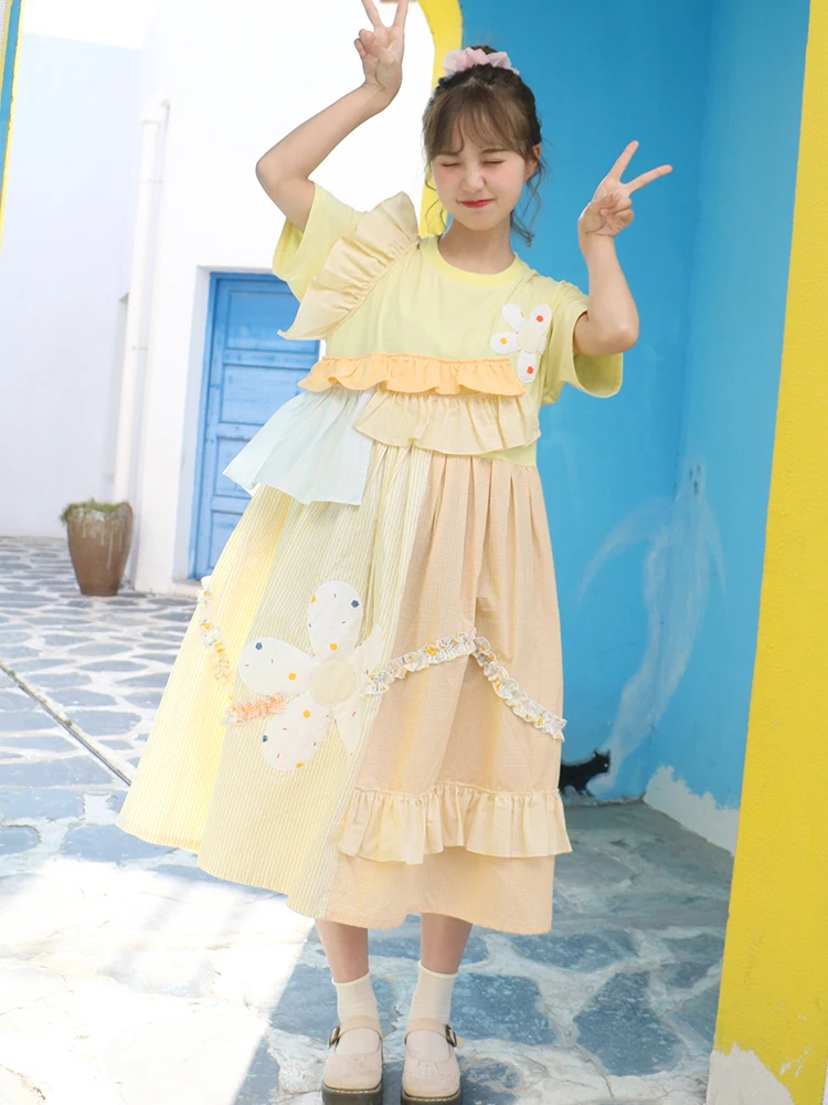 Summer Japanese sweet  lovely high waist yellow stitching dress flower pleated dress high waist victorian dress kawaii girl goth