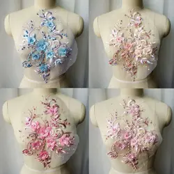 Pink Blue Beads 3D Flower Lace Fabric Embroidered Gown Appliques Trims Collar Mesh Sew Patches For Wedding Decoration Dress DIY