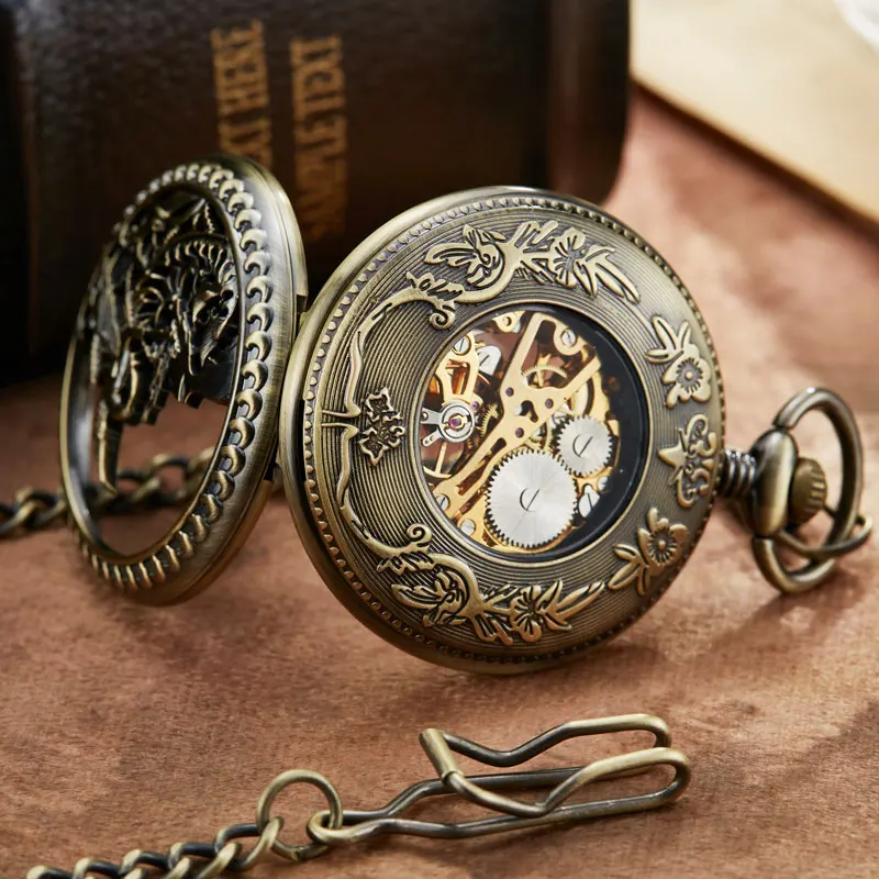 Phoenix Bird Mechanical Pocket Watch Hollow Roman Skeleton Clock Hand Winding Men Fob Chain Watches Carving Engraved Case Clock