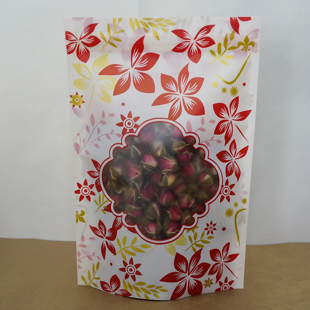 Red Flower Printed Zipper Bag 100pcs Stand Up Matte Transparent Plastic Zip Pouch Peanut Storage Rose Flower Tea Packing Pocket