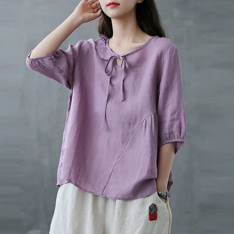 Women Cotton Linen Casual T-shirts New Arrival 2021 Summer Vintage Style O-neck Ruffles Loose Female Half Sleeve Tops Tees S3734