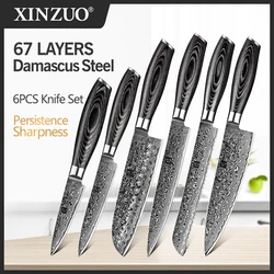 XINZUO 6PCS Kitchen Knives Sets High Carbon Japanese Style VG10 Damascus Steel Chef Santoku Bread Utility Knife Pakkawood Handle