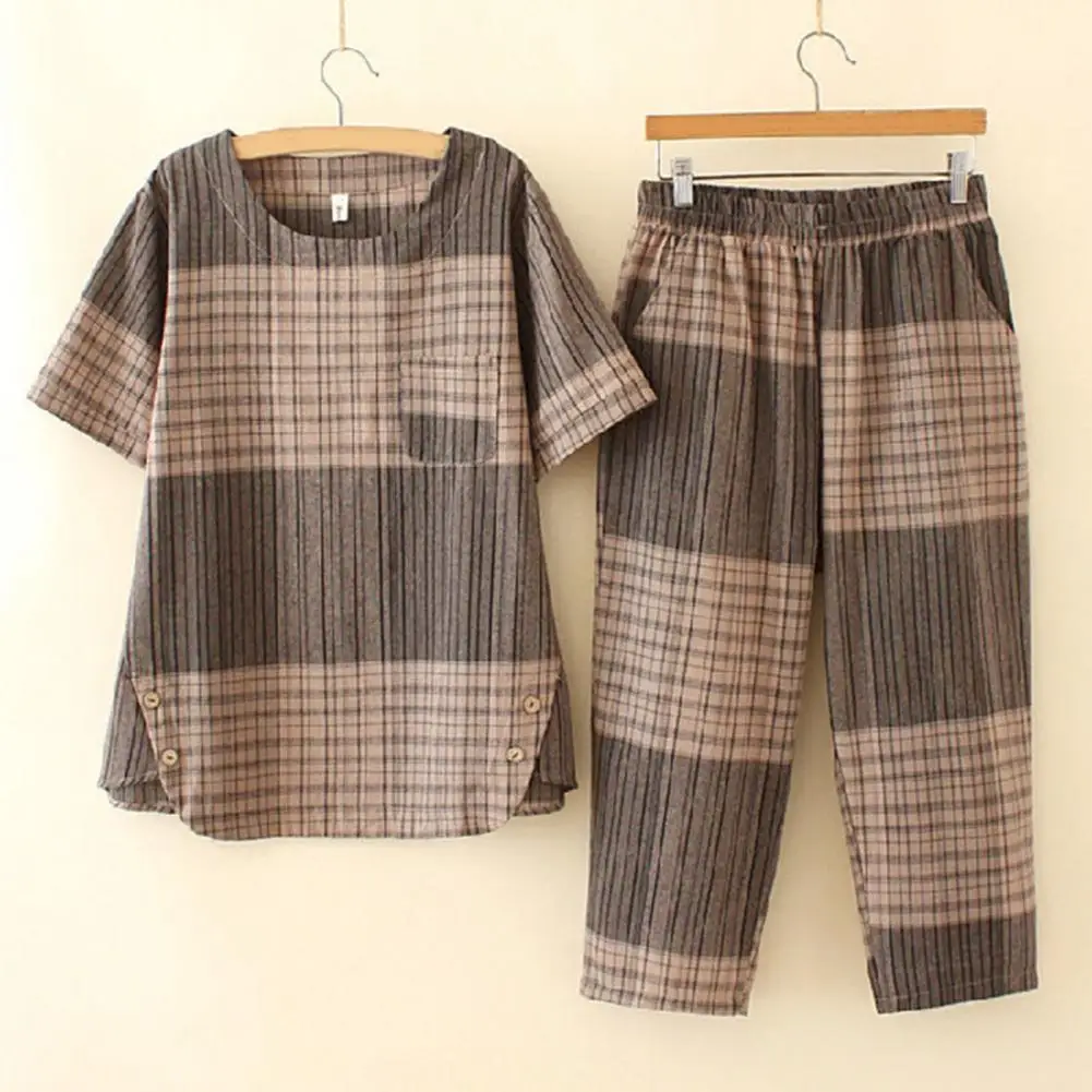 Summer Women Two Piece Pant Set Stripe Round Neck Button Design T-shirt Pant Outfit Loose Pants Sets Casual