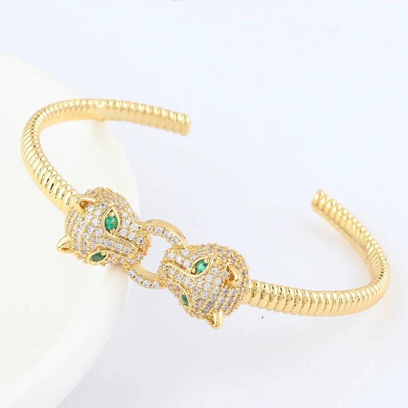 Gold Color Charms Double Leopard Head Bracelets For Women Copper Jewelry Woman Cuff Bangles 2021 Fashion Animal Jewellery