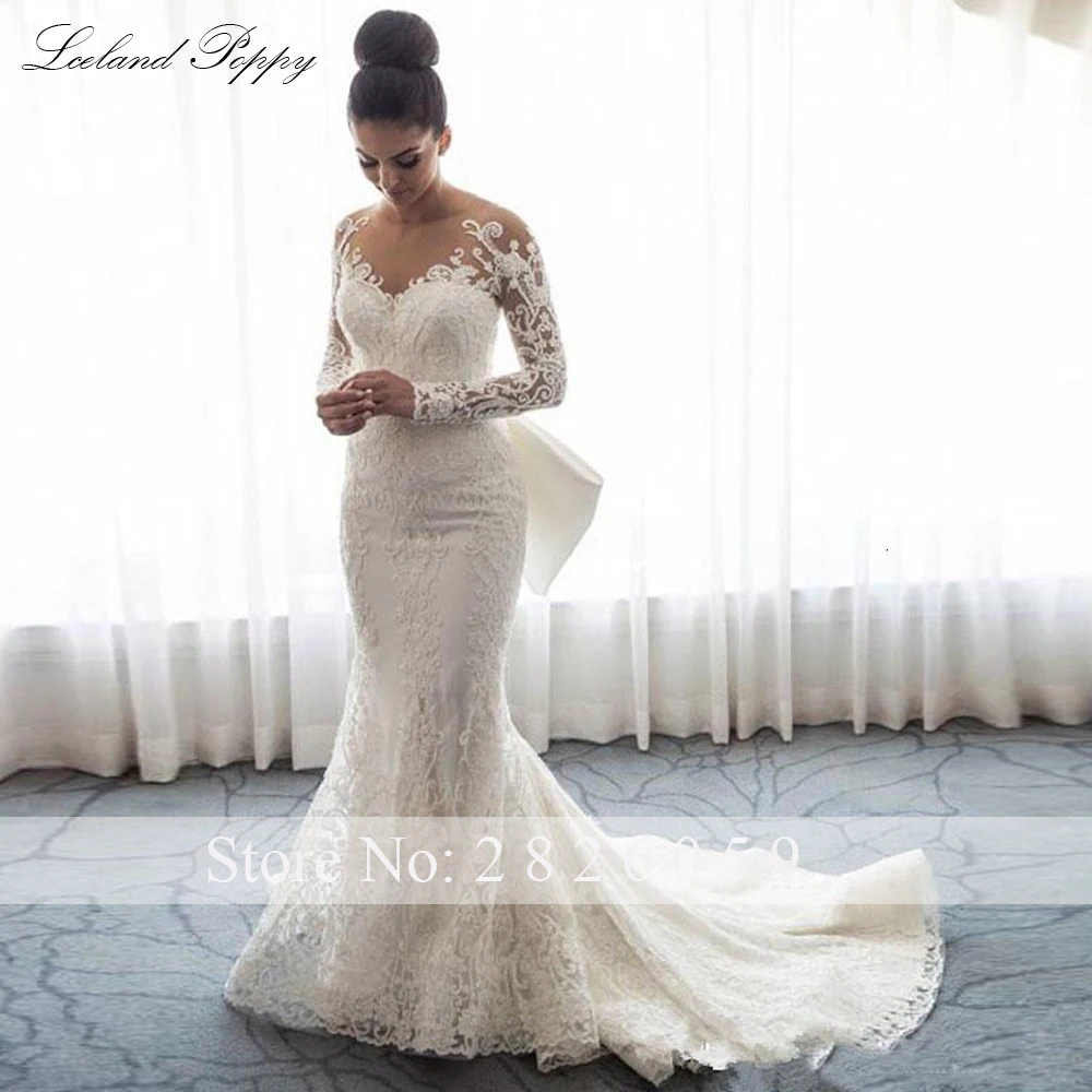 Lceland Poppy Customized Mermaid Wedding Dresses Long Sleeves Beaded Lace Appliques Bridal Dress with Detachable Train