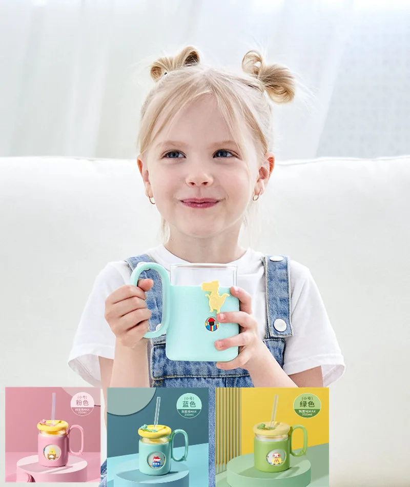 

250ML Cartoon Milk Cup Baby feeding cups with straw Glass water bottles for kids children Water Mug with protective case