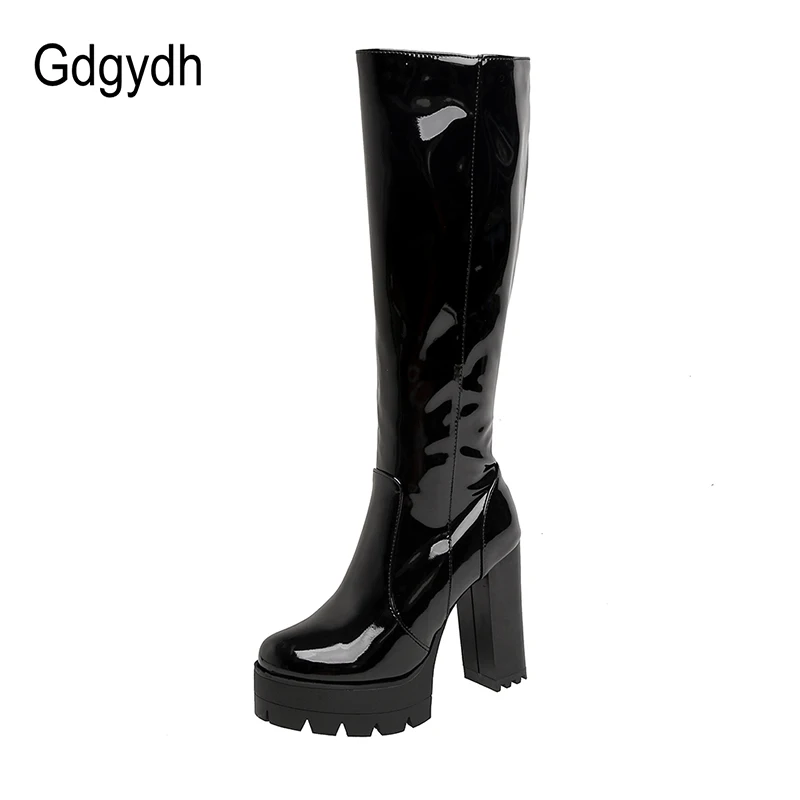 Gdgydh Patent Leather Platform Long Boots Gothic Black White Fashion Square Heel Knee High Boots Women With Zipper Good Quality