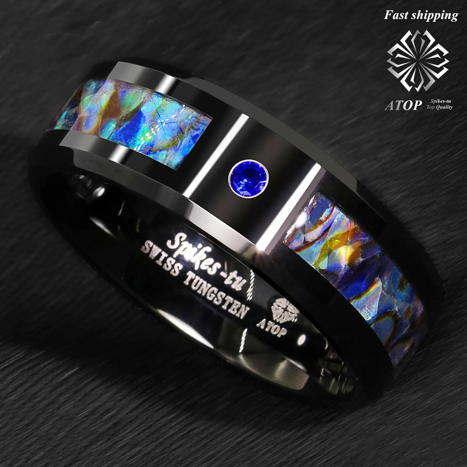 8mm Black Tungsten Ring Blue Diamond Colored glaze Inlay ATOP Men's Jewelry Customized Jewelry