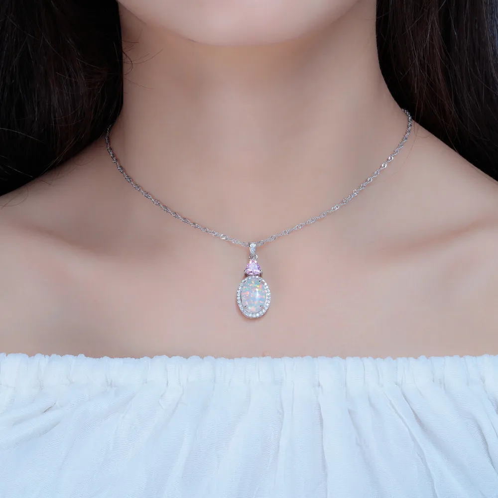 CiNily White Fire Opal Stone Necklace Silver Plated Chain Pink Purple Zircon Crystal Filled Pendant Charm Summer Jewelry Female