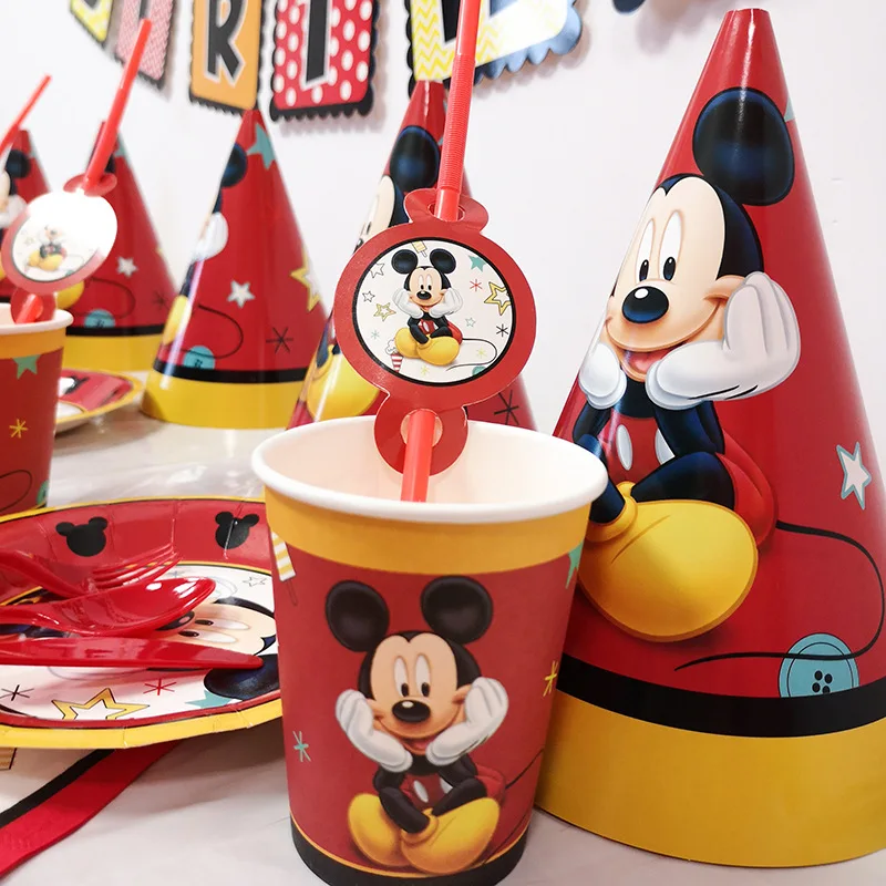 Mickey Mouse Theme Birthday Party Supplies Decorations Kids Favor Paper Cups Plates Flags Napkins Party Tablecloth Anniversaire