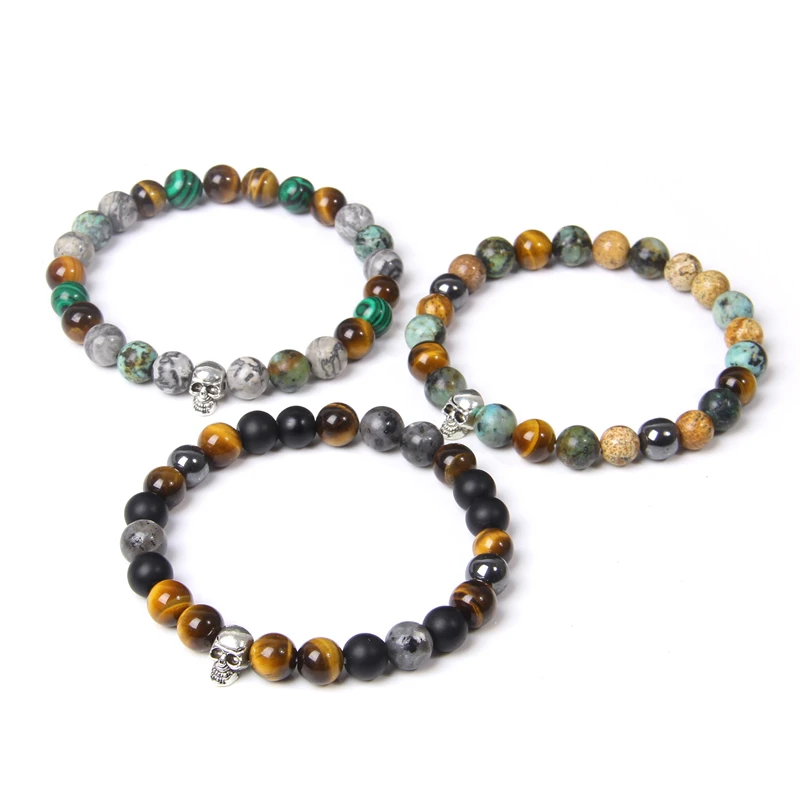 Schädel Armbänder Für Männer Frauen Natürliche Stein Tigerauge Armband Malachit Labradorit 8MM Perlen Stretch Armreifen Punk Schmuck – Detail 12