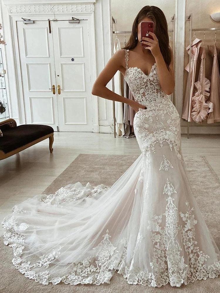 LORIE Ivory Mermaid Wedding Dresses Lace Appliques Tulle Bridal Gowns Train Sweetheart Spaghetti Straps Vintage Gown Customized