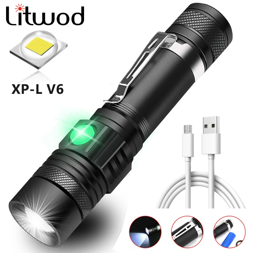 Ultra Bright LED Flashlight With XP-L V6 LED Lamp Beads Waterproof Torch Zoomable 4 lighting Modes Multi-function USB Charging