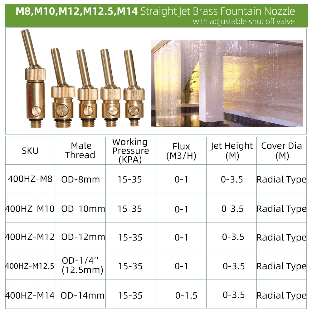 Regulowane mosiężne kurtyny wodne dysze fontannowe M8-M14 gwint zewnętrzny wewnątrz i krajobraz zewnętrzny zraszacz dekoracyjny
