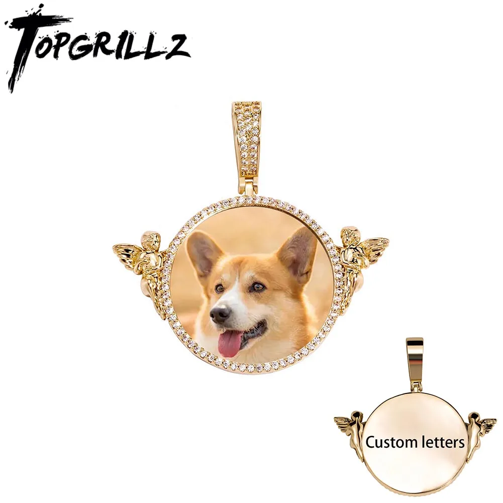 

TOPGRILLZ New Personalized Custom Photo Pendant Iced Micro Pave CZ Round Pendant With Angel For Men Women Accessories Jewelry