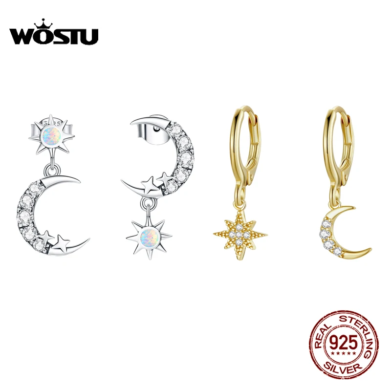 WOSTU 925 Sterling Silver Star & Moon Stud Earrings Asymmetrical Ear Buckles Silver Earrings For Women Fine Silver Jewelry