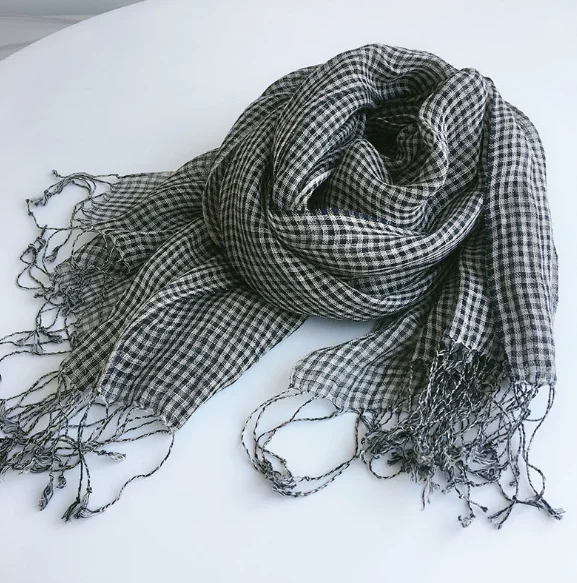 100% linen small plaid scaves summer spring japanese style crepe air conditional shawls black white check weaved pashmina wraps