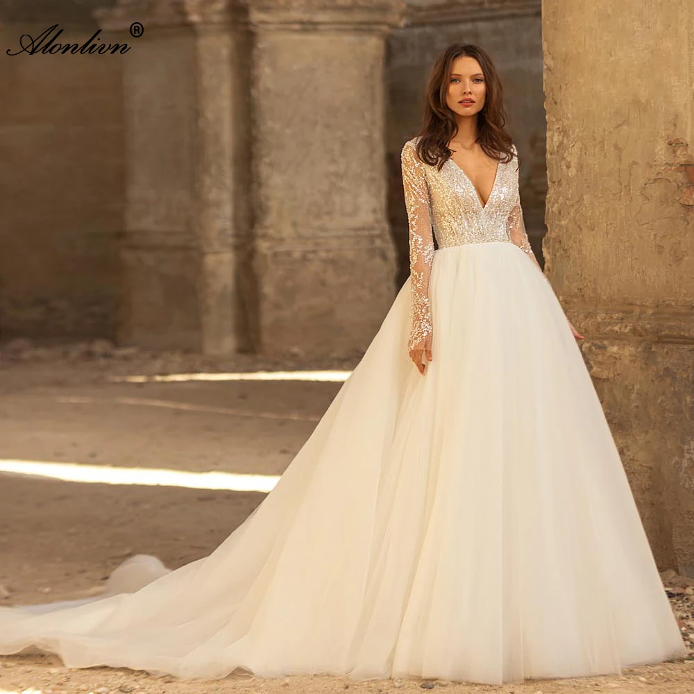 

Alonlivn Chic Silky Tulle V-Neck A-Line Wedding Dress Beading Sequined Full Sleeves Backless Bridal Gowns