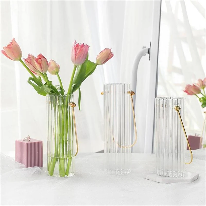 Nordic Simple Stripe Vase with Handle, Tabletop Ornaments, Flower, Hydroponic Plant, Glass