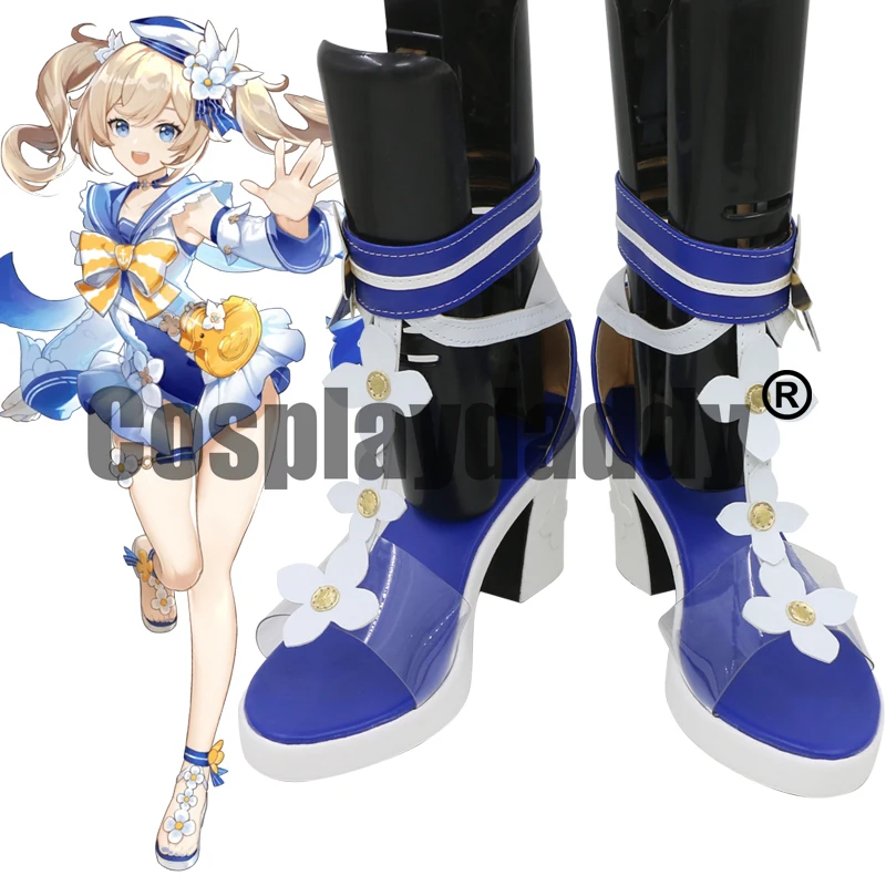 Genshin Impact Echoing Tales Shining Idol Barbara Pegg Summertime Sparkle Ver. Cosplay Flower Block Heels Sandals Shoes C006