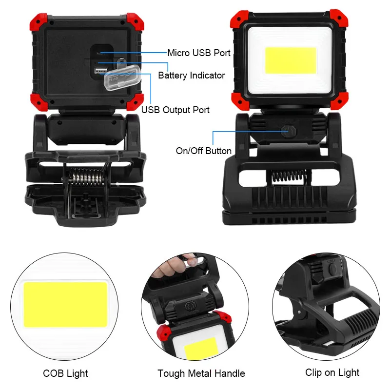 Led Rechargeable Work Light 270° COB Magnetic Clip on Worklight Super Bright Waterproof Cordless Lamp For Car Repair Emergency